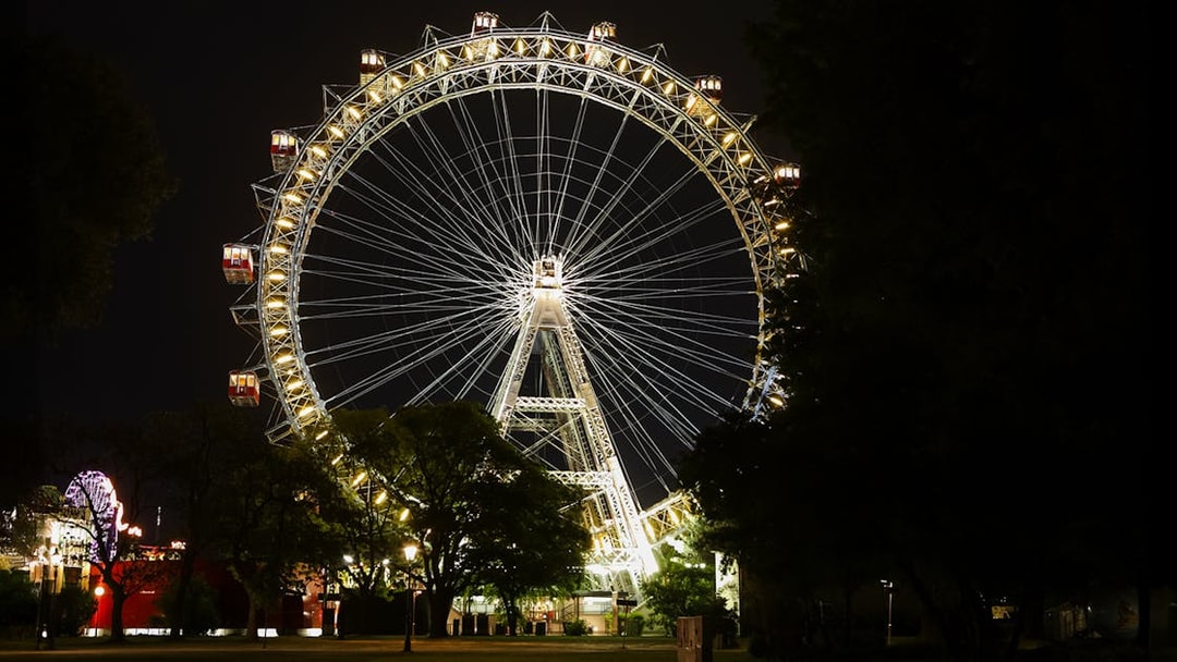 Giant Ferris Wheel in Vienna illuminated at night with trees in the foreground.
