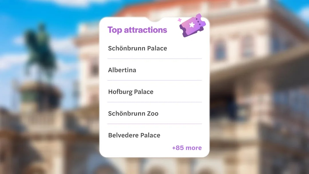 Vienna Pass attractions list featuring Schönbrunn Palace, Albertina, Hofburg Palace, Schönbrunn Zoo, Belvedere Palace.