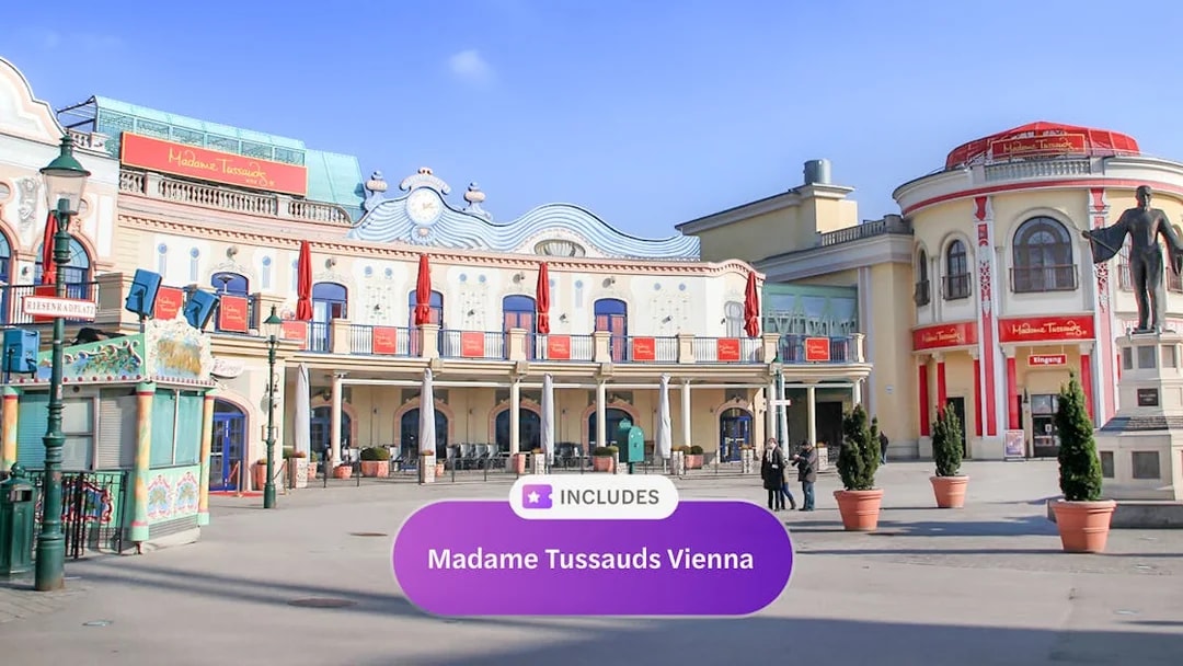 Madame Tussauds Vienna entrance with Vienna Pass inclusion sign.