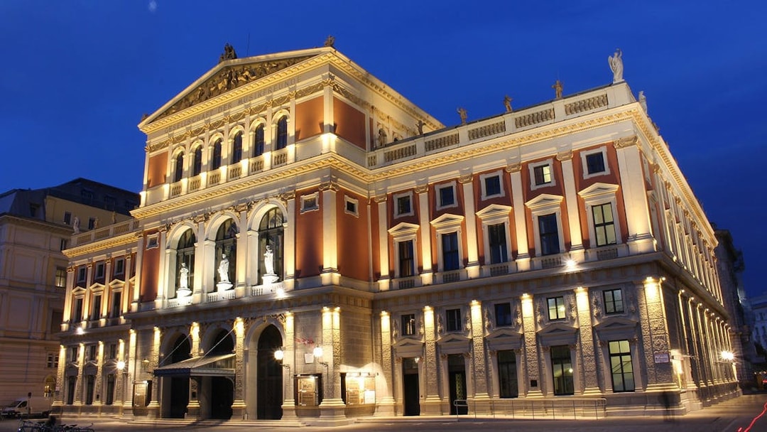 Vienna Musikverein illuminated at night during Vienna Panorama Tour.