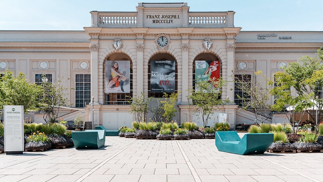 Kunsthalle Wien Museumsquartier entrance with posters, Vienna Welcome Card.