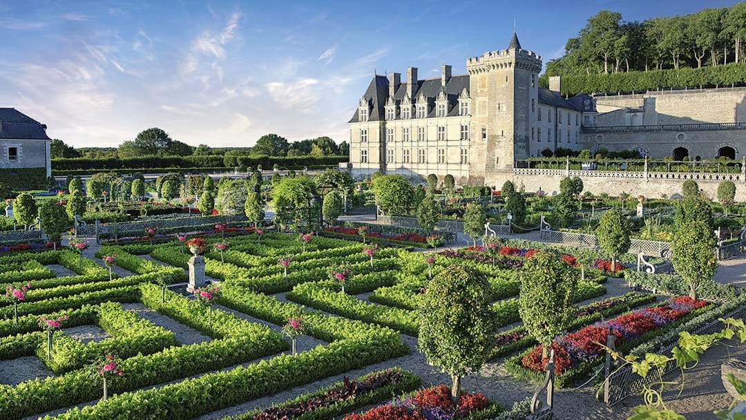Kitchen garden with geometric hedges at Château of Villandry, France.