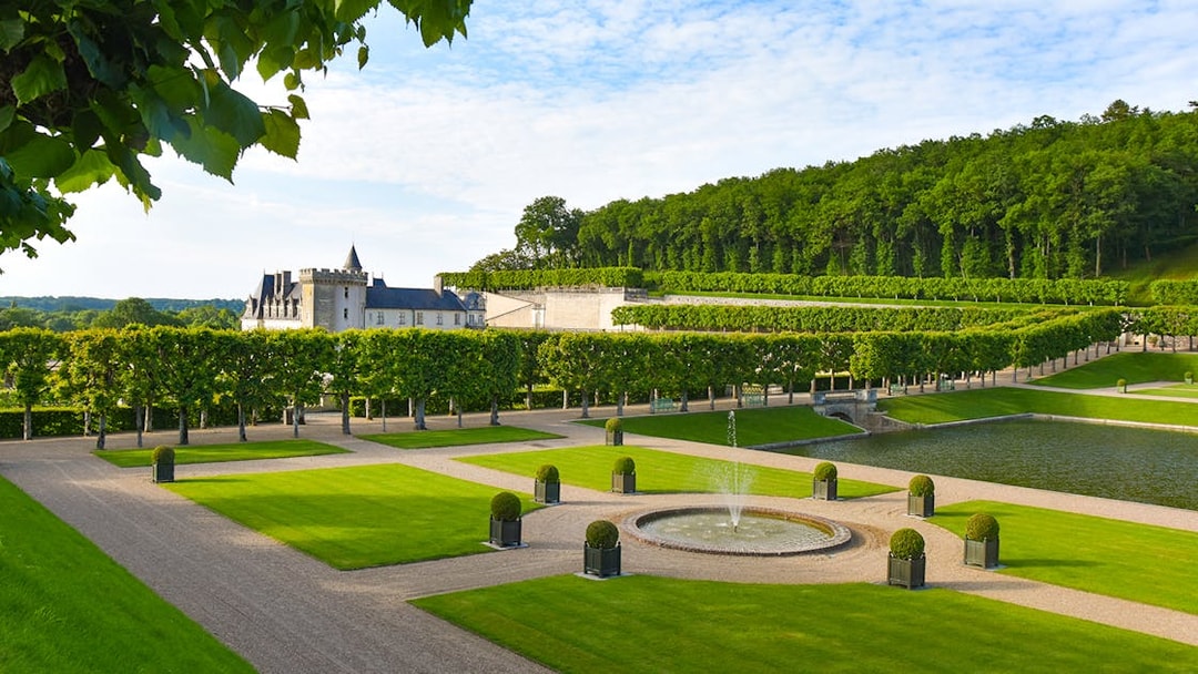 Water Garden at Château of Villandry with fountain and manicured hedges.