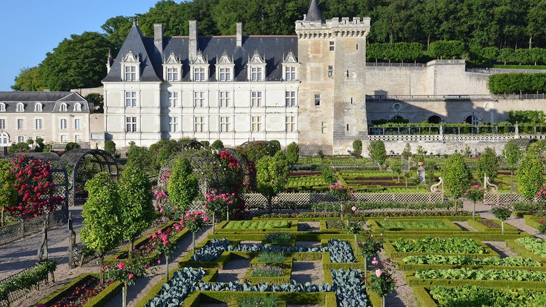 Château of Villandry with formal gardens and topiary in Loire Valley, France.
