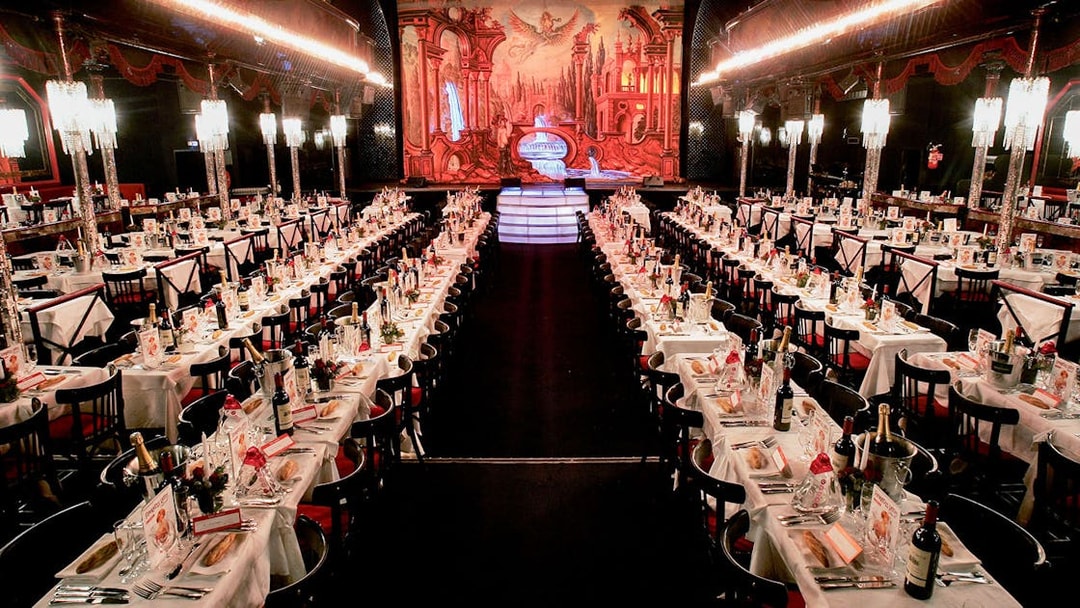 Dining tables set for guests at Paradis Latin cabaret, Paris.