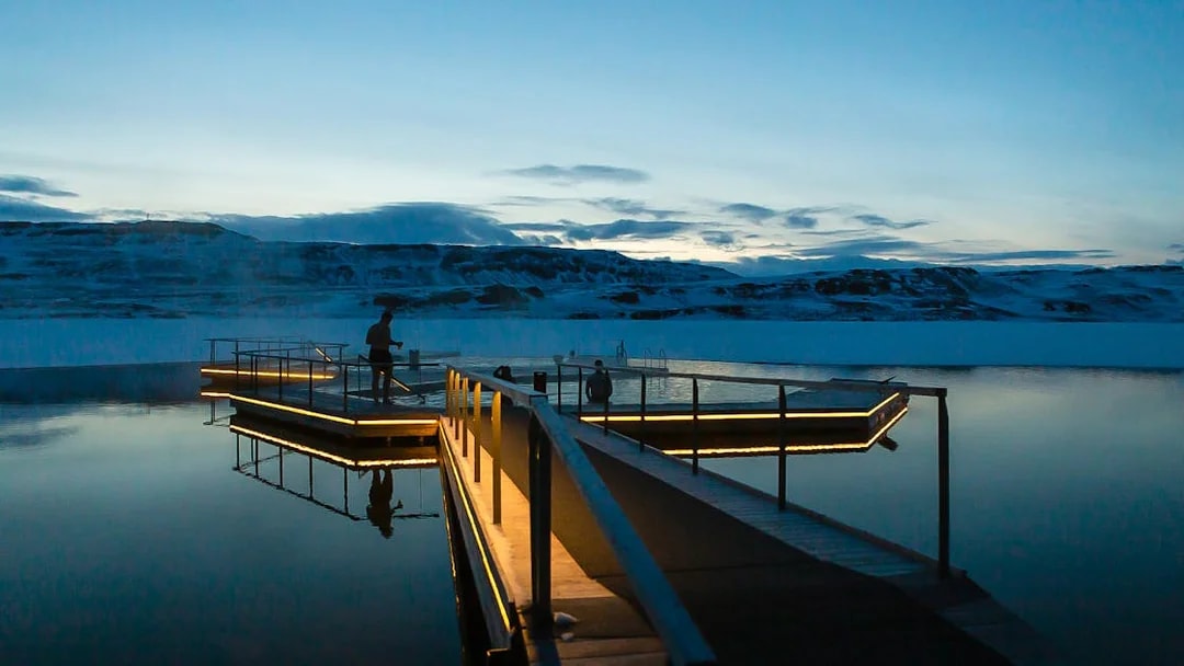 Vök Baths floating pools at dusk in Egilsstaðir, Iceland.