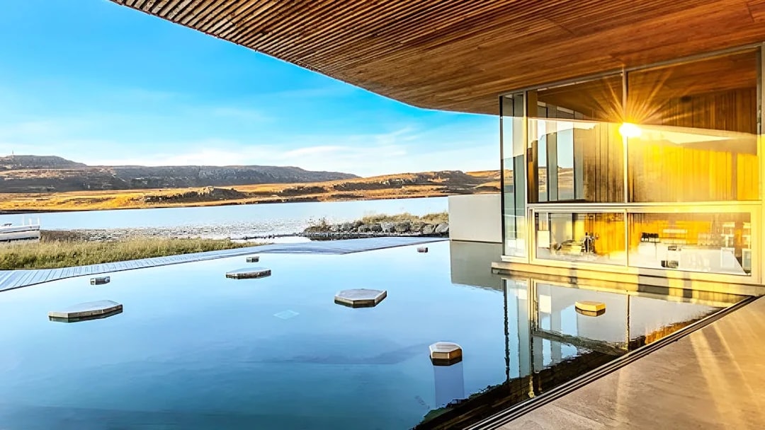 Vök Baths geothermal pool with lake view in Egilsstaðir, Iceland.