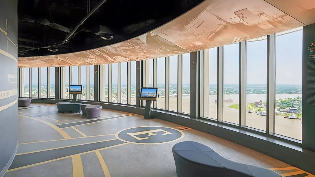 Observation deck with panoramic view of New Orleans and Mississippi River.