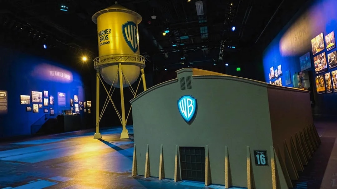 Warner Bros Studio Tour Hollywood interior with iconic water tower and Stage 16 building.