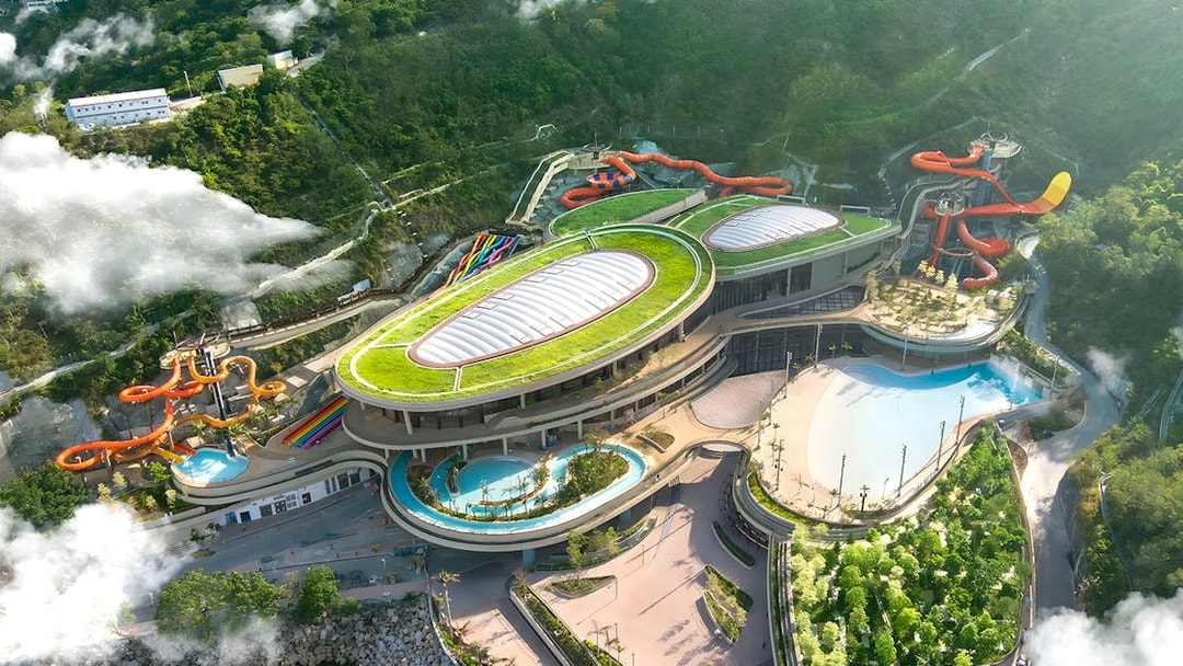 Aerial view of Water World Ocean Park Hong Kong with water slides and pools.
