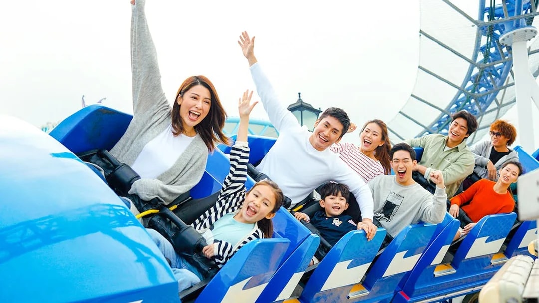People enjoying a roller coaster ride at Arctic Blast, Ocean Park Hong Kong.