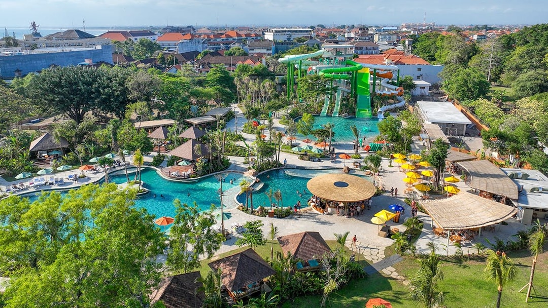 Aerial view of Waterbom Bali water park with slides and pools in Kuta, Indonesia.