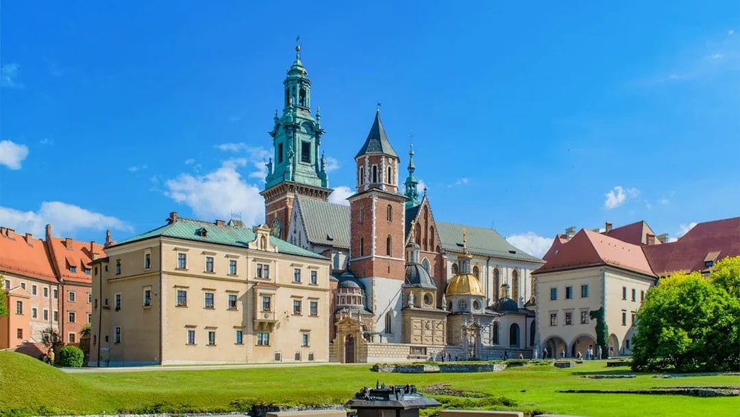 Wawel Royal Castle exterior with towers and courtyard in Krakow, Poland.