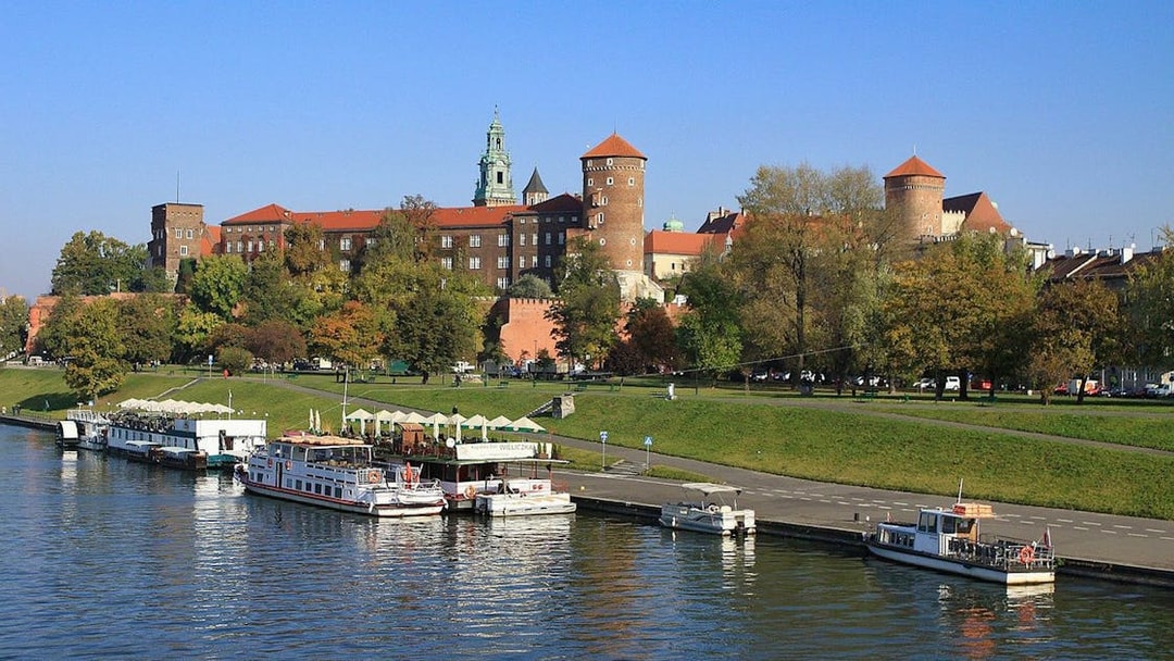 Wawel Castle and Vistula River view from Wawel Hill, Krakow, Poland.