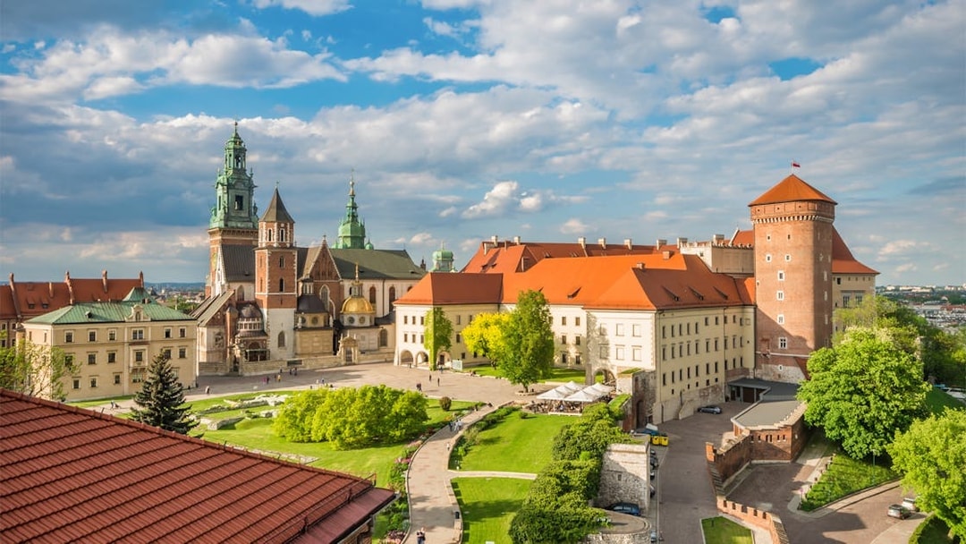 Wawel Royal Castle complex with cathedral and defensive walls in Krakow, Poland.