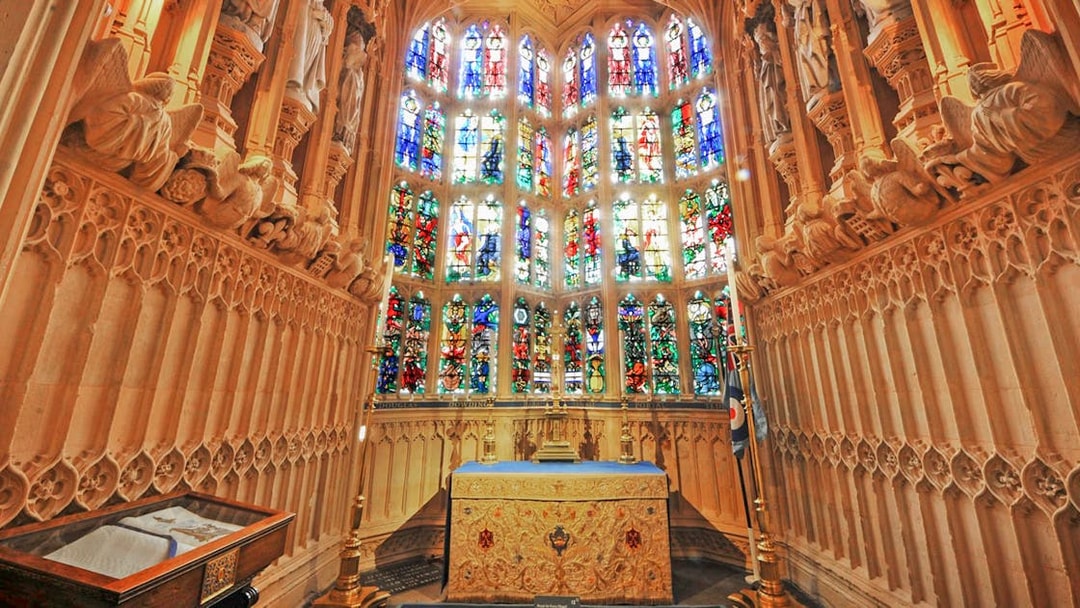 Stained glass windows inside Westminster Abbey, London.