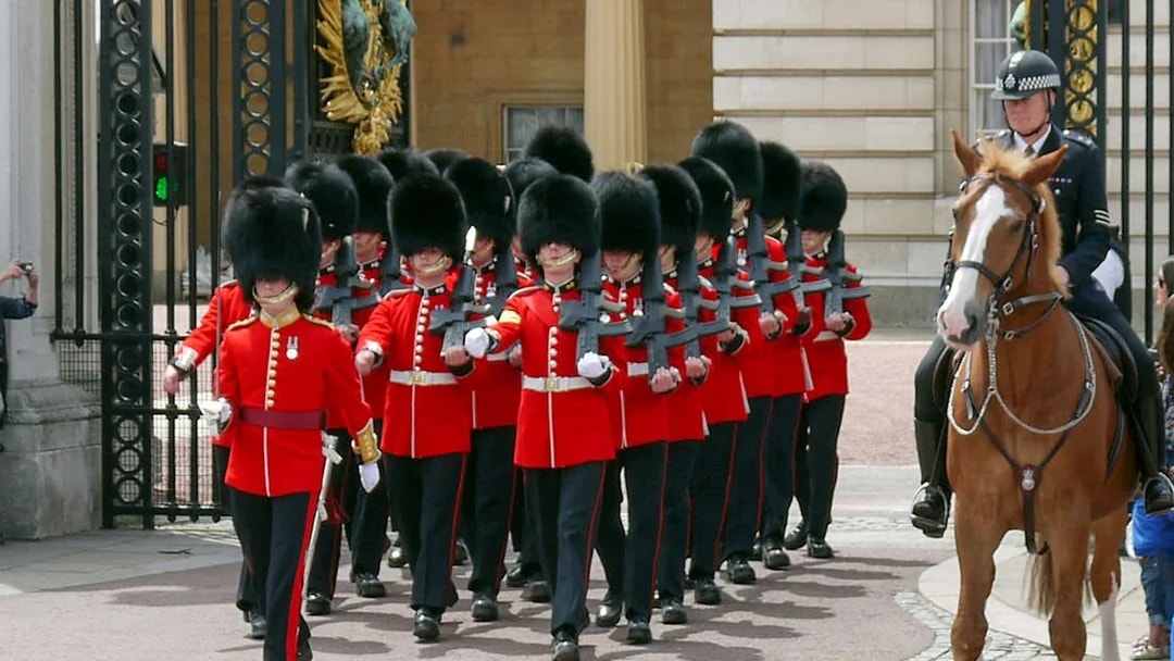 Changing of the guard ceremony at Buckingham Palace, London.