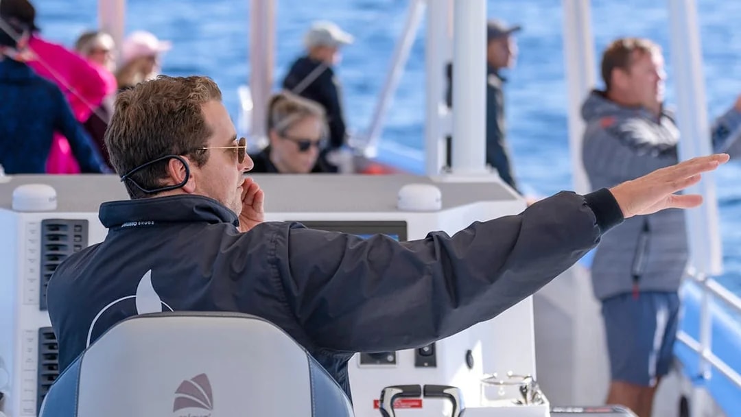 Boat captain guiding passengers on a Gold Coast whale watching tour.