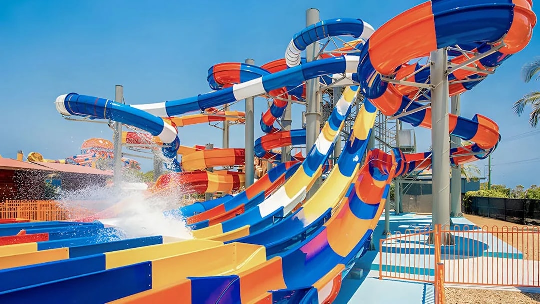 Colorful water slides at WhiteWater World, Gold Coast, Australia.