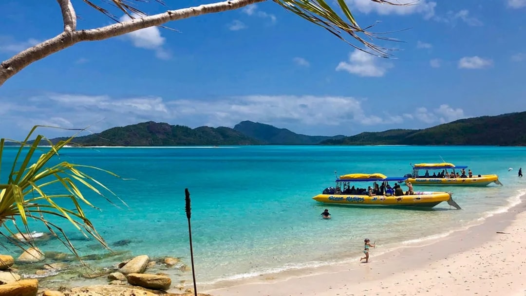 Yellow rafts on Whitsundays beach with turquoise water and distant islands.