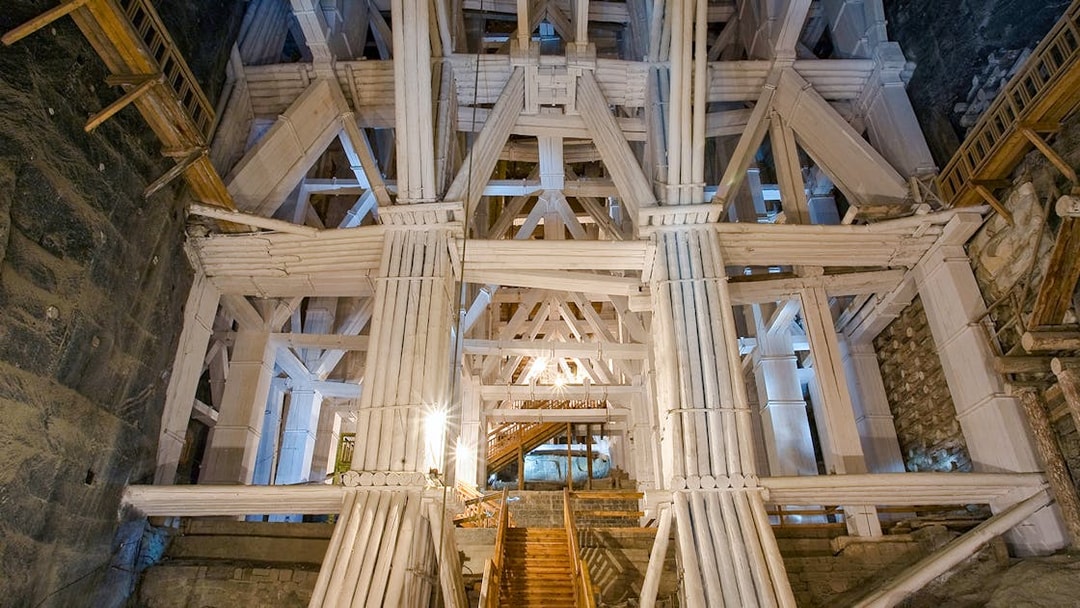 Wieliczka Salt Mine wooden beams supporting underground structure.