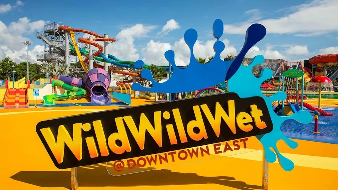 Wild Wild Wet water park entrance with colorful slides, Singapore.