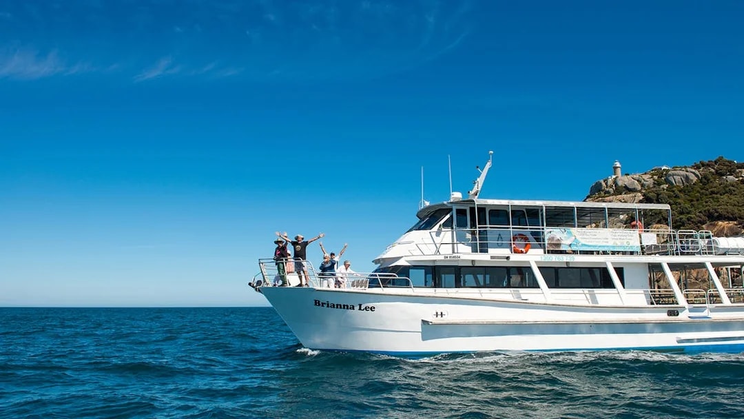 Cruise ship with passengers enjoying Wilsons Prom Whale Adventure near coastal cliffs.