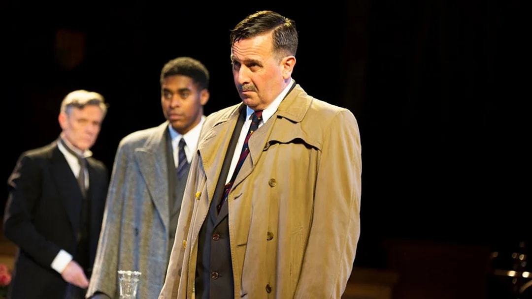 Actors in courtroom scene from "Witness for the Prosecution" play.