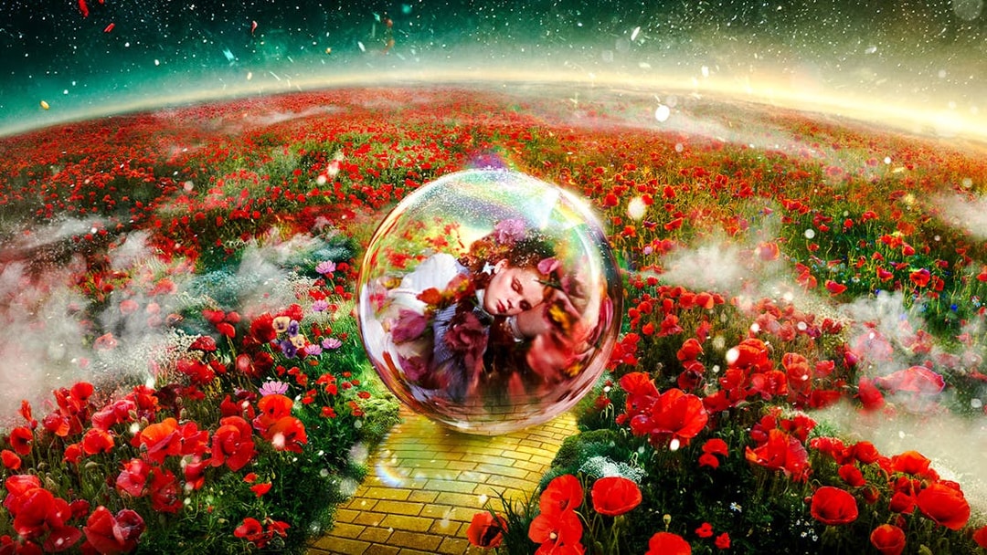 Yellow brick road through poppy field with a person in a bubble, Wizard of Oz at Sphere.