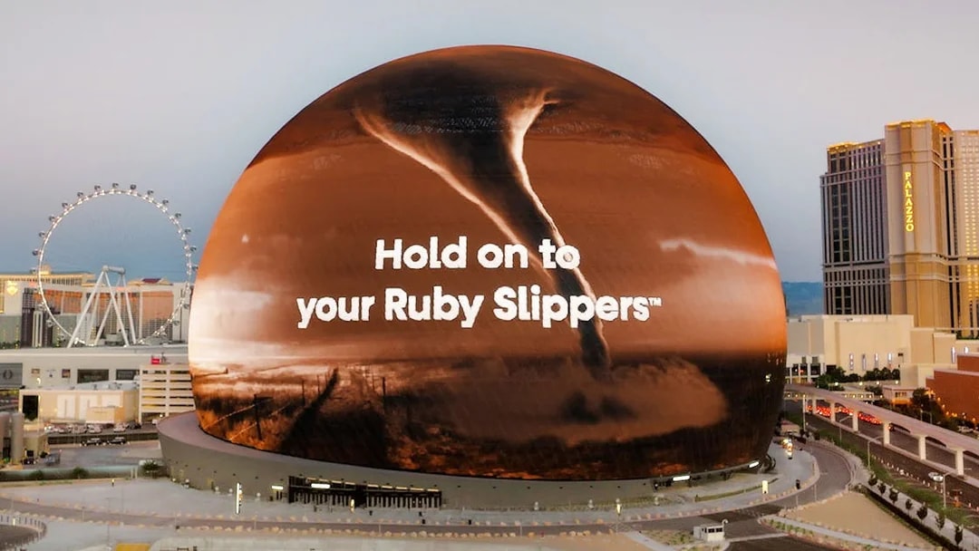 Tornado scene from Wizard of Oz displayed on Sphere in Las Vegas.
