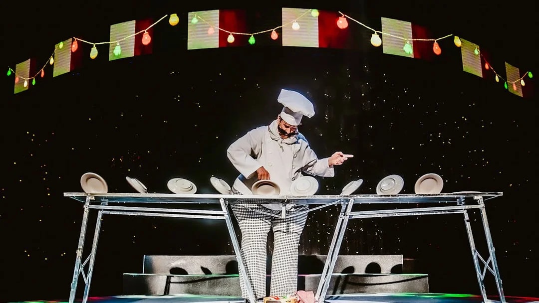 Performer balancing plates at WOW: The Vegas Spectacular show.
