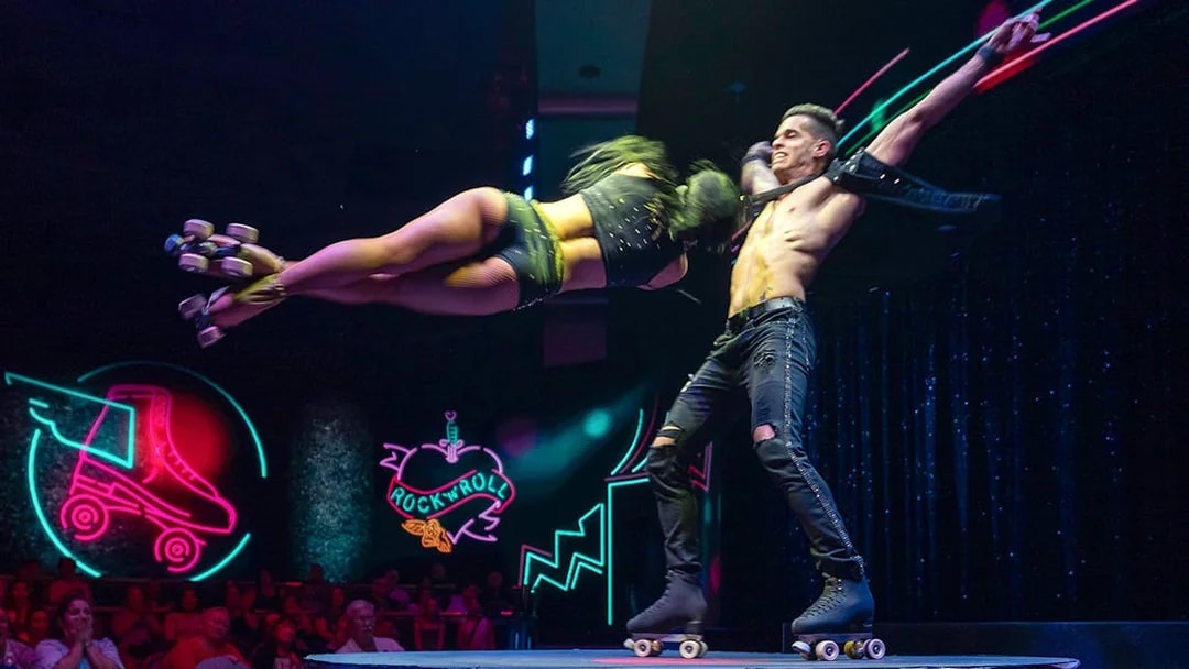 Performers on roller skates in WOW: The Vegas Spectacular show.