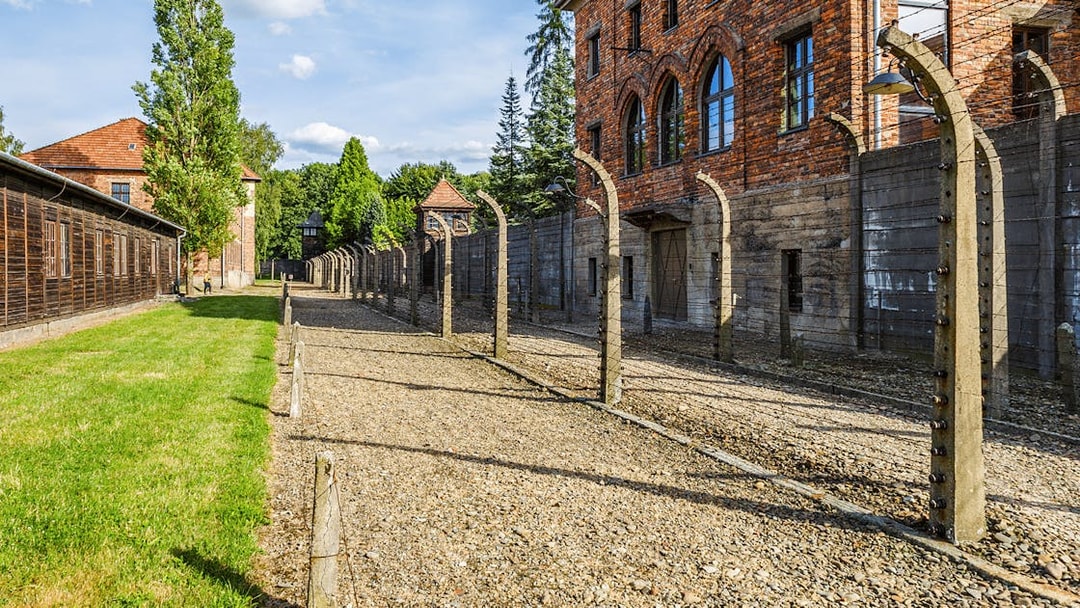 Auschwitz I barracks and barbed wire fence under a clear sky.