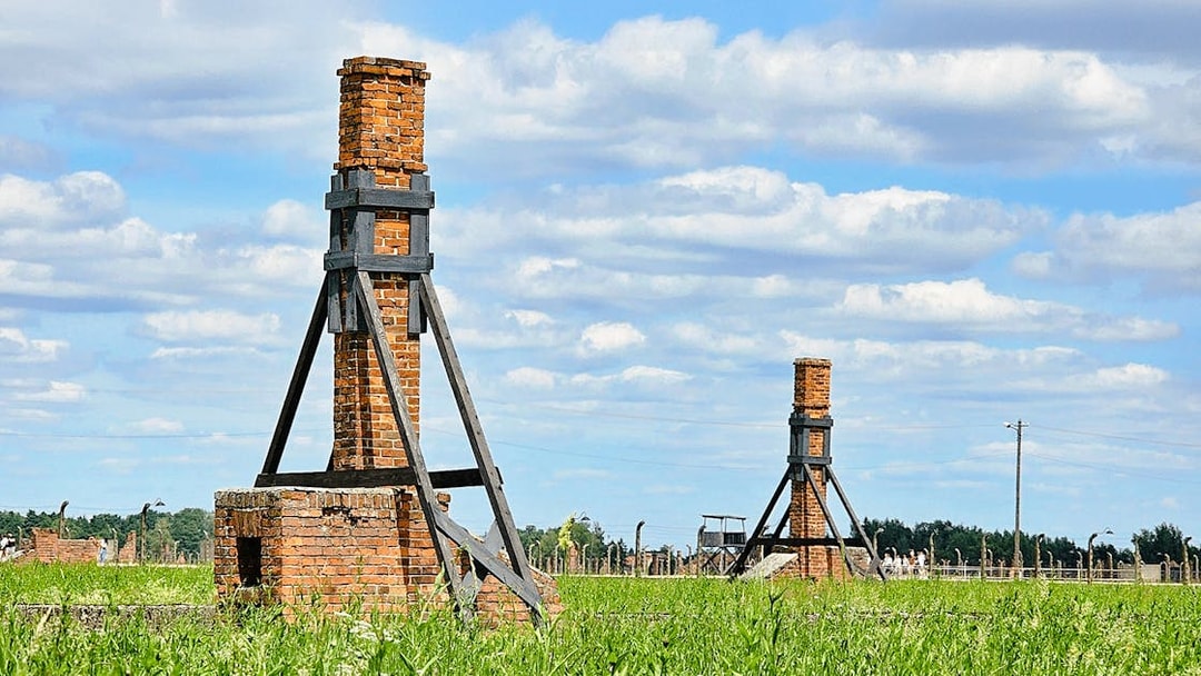 Remains of crematorium chimneys at Auschwitz Birkenau, Poland.