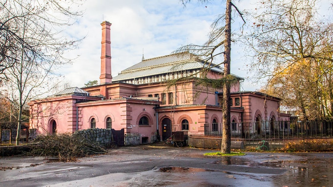 Historic building at Wroclaw Zoo, Poland, surrounded by trees and a wet pathway.