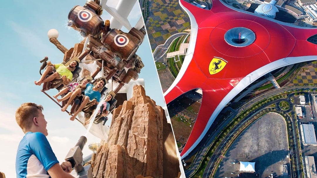 Visitors enjoying a ride at Yas Waterworld and aerial view of Ferrari World in Abu Dhabi.