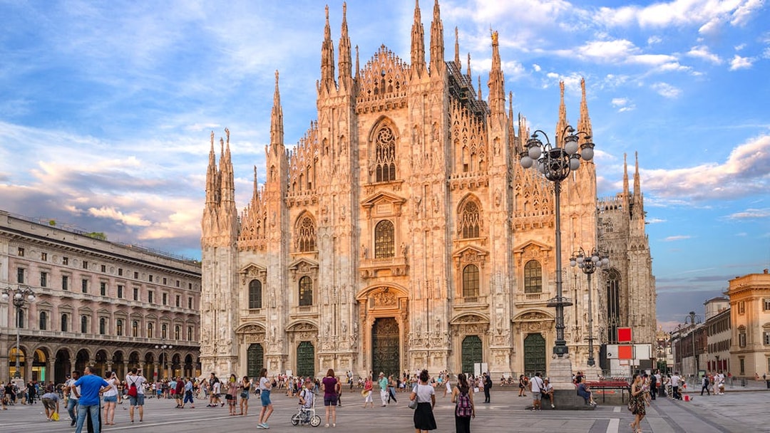 Crowd in front of Duomo Cathedral, Milan.