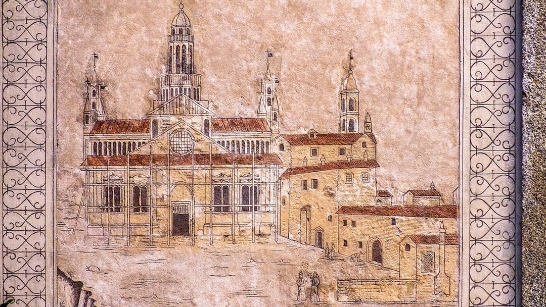 Drawing of Milan Cathedral on textured wall, part of Official Milano Pass tour.