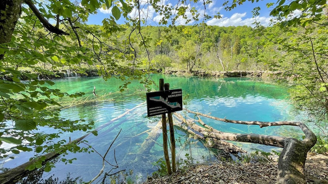 Plitvice Lakes National Park turquoise lake view with wooden sign and lush greenery.