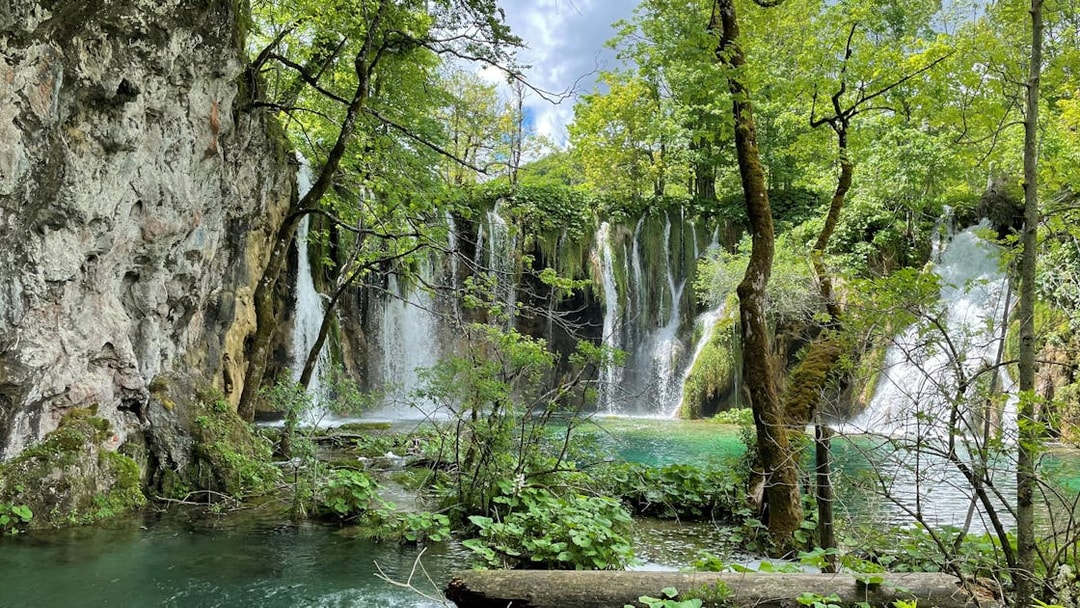Waterfall surrounded by lush greenery at Plitvice Lakes National Park.