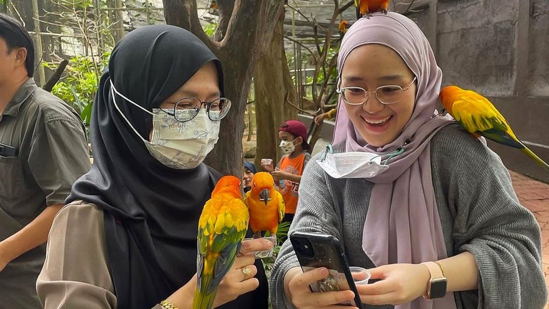Visitors interacting with colorful parrots at Zoo Melaka, Malaysia.