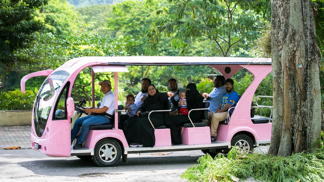 Visitors on a pink tram at Zoo Negara's Panda Conservation Centre, Malaysia.